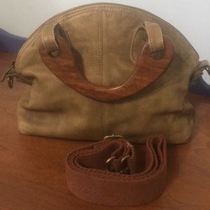 Distressed green leather purse w/ wooden handles